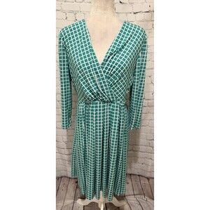 Coldwater Creek Dress Women's 3/4 Sleeve V Neck Pleated Skirt Stretchy Size 12